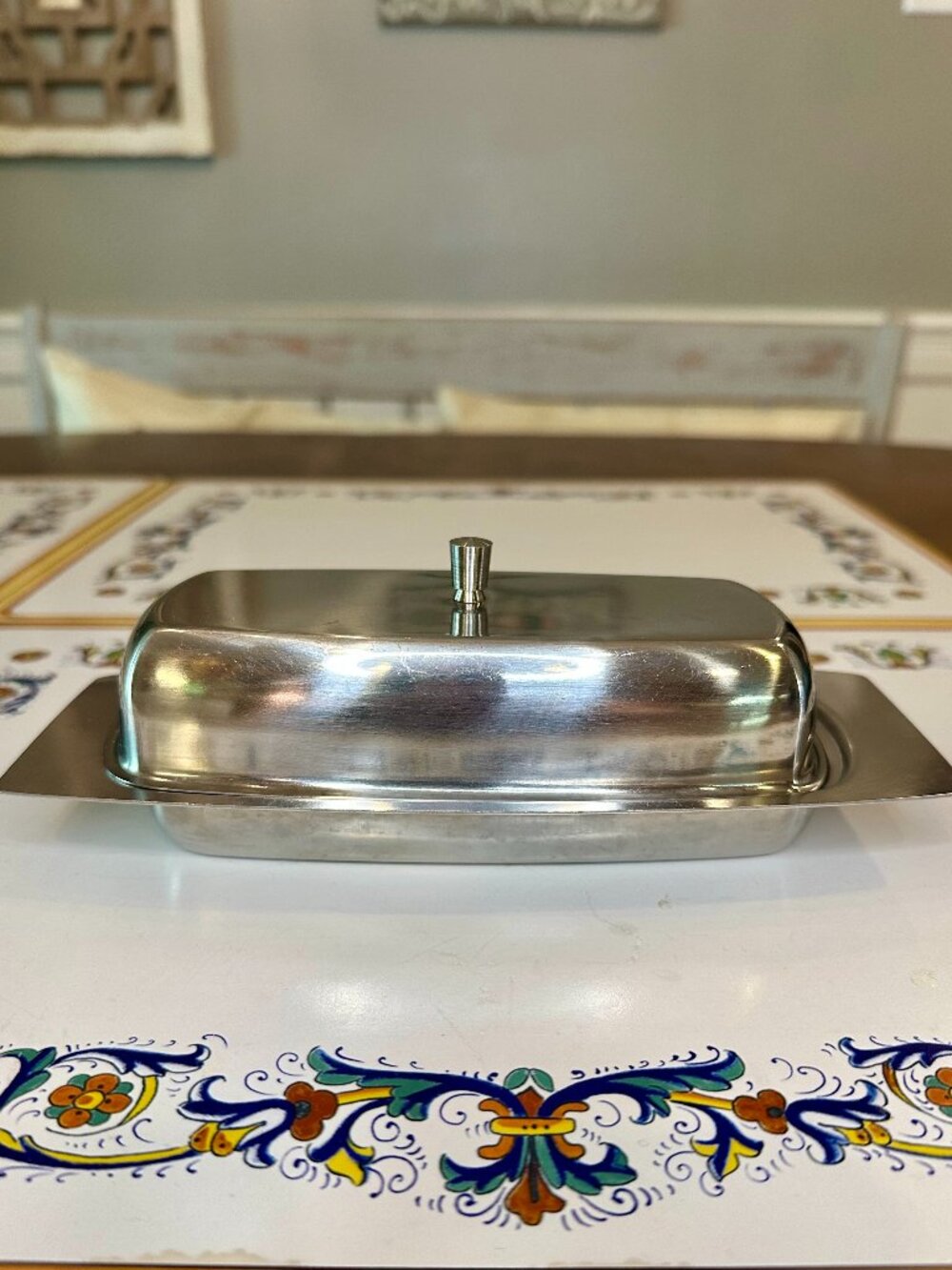 vintage Mid-Century Modern stainless steel butter dish with glass butter tray